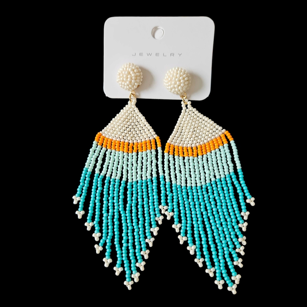 NWT - Elegant Beaded Fringe Earrings - Turquoise, Orange, and Cream
